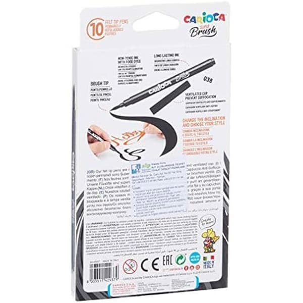 Färgpennor - CARIOCA - Carioca-pennor - 10-pack - Mjuk borstspets - Superlätt tvättbar bläck - Mångfärgad