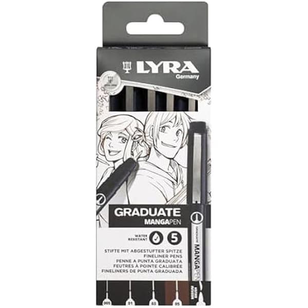 Feutertusch - LYRA - Graduate Mangapen - Etui med 5 pennor - Fin spets - Svart bläck - Vattenbeständig