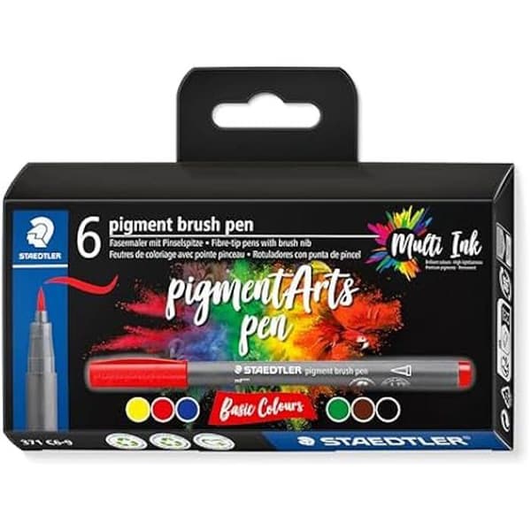Feutre PIGMENT ART - STAEDTLER - Pensel 371 - 6 feutrar - Penselpigment - Assorterade grundfärger