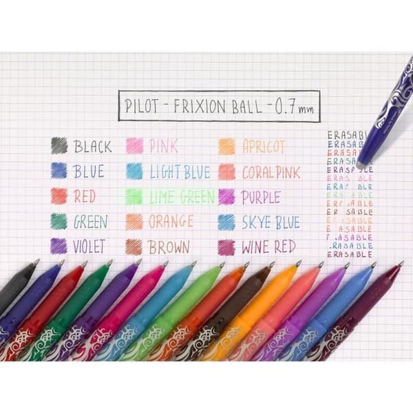 PILOT - PÅSE med 15 raderbara rullar - Frixion Ball - Medium Tip - Svart, Blå, Röd, Grön, Himmelsblå, Korall, Bläck