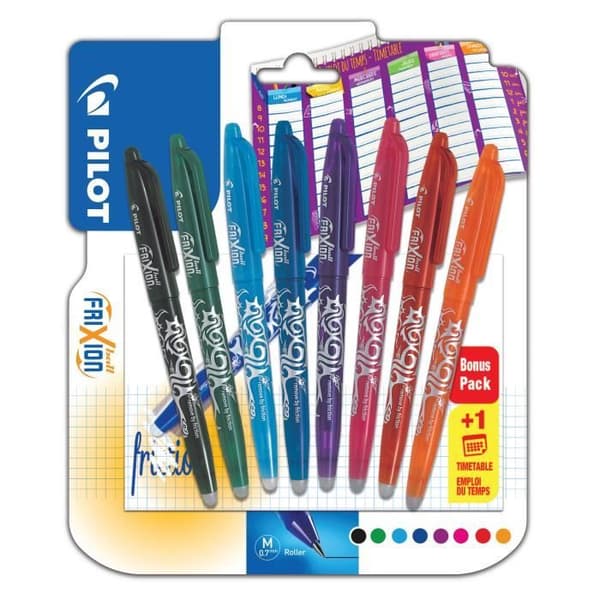 PILOT- Fläkt av raderbara rullblad - Frixion Ball X 8 + 1 gratis tidtabell - Medium Tips - Bläck: Svart, Blå, Röd,