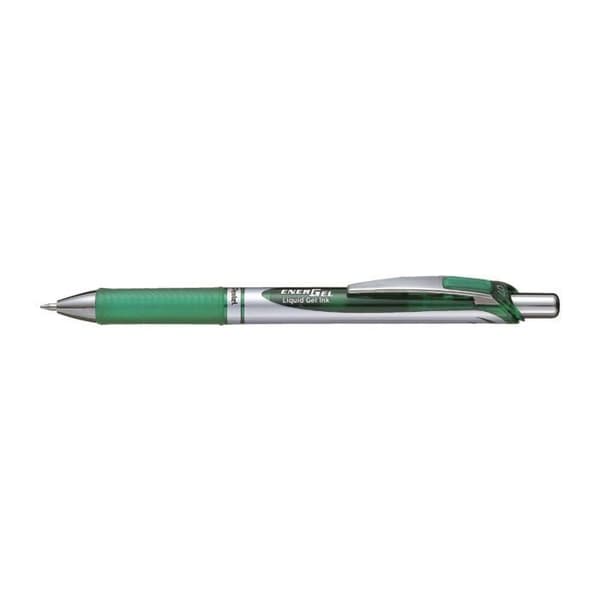 Förpackning med 12 stycken ENERGEL BL77 rullande gelpenna med retraktabel spetstjocklek 0,7 mm grön
