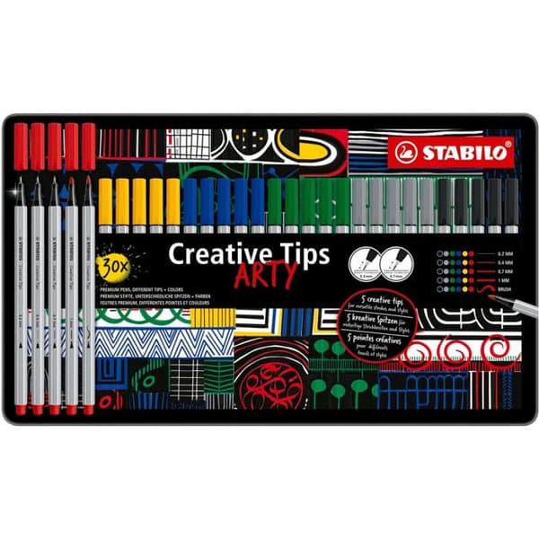 Ritpenna - STABILO Creative Tips - Metalllåda x 30 kalligrafipennor med diverse spetsar 0,2; 0,4; 0,7; 1 mm och borsta -