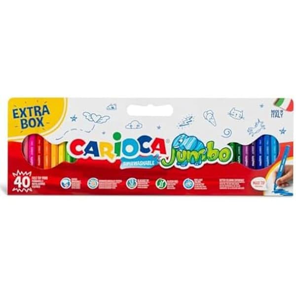 Markörer - CARIOCA - Set med 40 Jumbo - Maxipoint Ø 6 mm - Supertvättbara - Åttakantig kropp