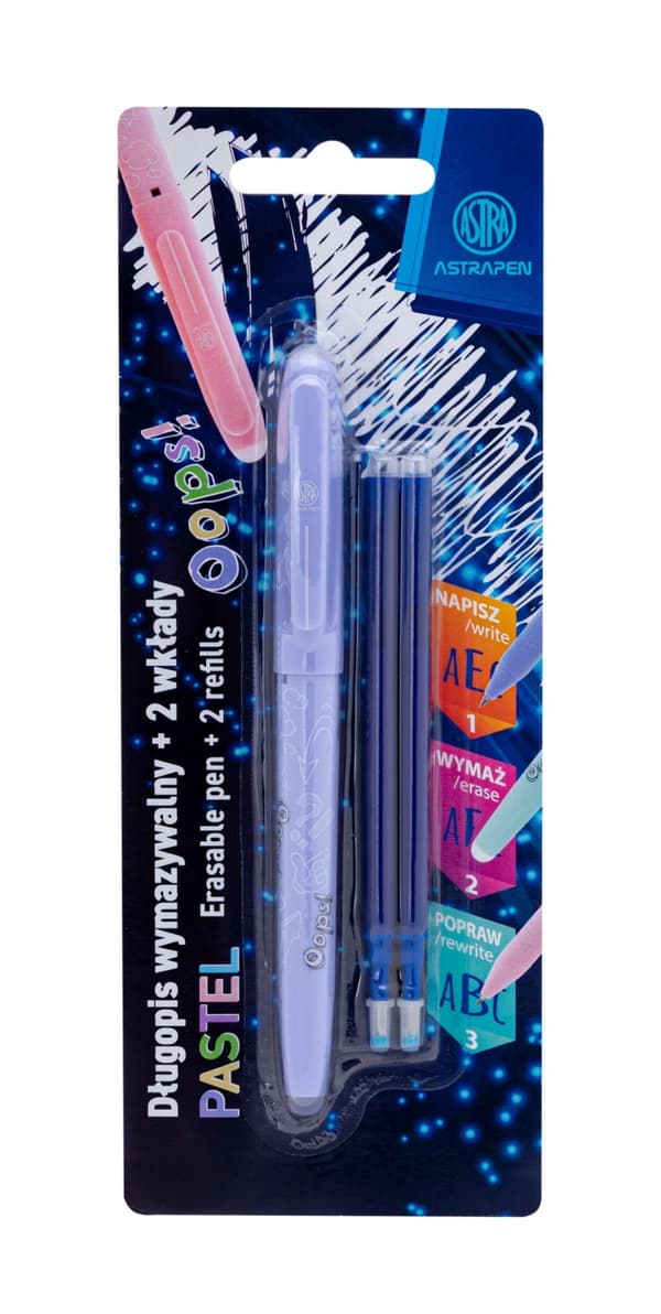 Ups sletbar pen blå PASTEL blister + 2 Astra refills