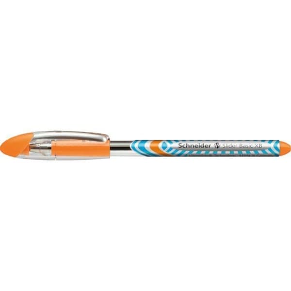 Förpackning med 10 stycken orangea kulspetspennor Slider Basic med extra stor spets.