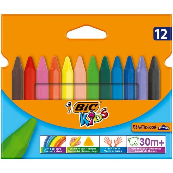 BIC KIDS Plastidecor Triangle Wax Crayons 12 väriä