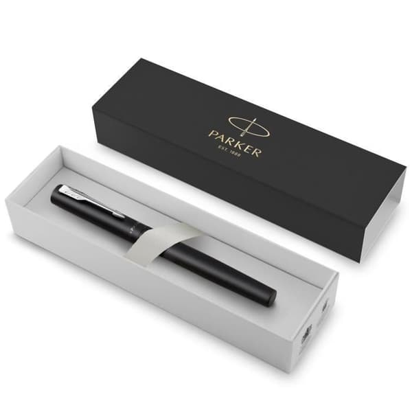 PARKER VECTOR XL reservoarpenna - Metallic svart lack - Medium spets - Blå bläck refill