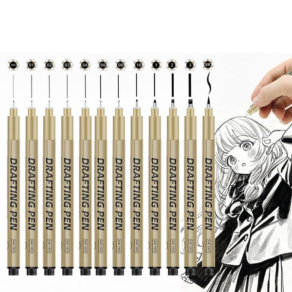 INF Precision Fineliner Pen Set Svarta Pennor för Ritning 9-piece