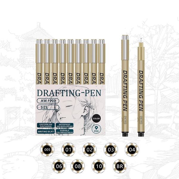 INF Precision Fineliner Pen Set Svarta Pennor för Ritning 9-piece