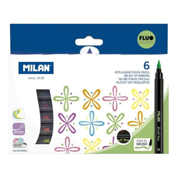 Milan Markers - 0612606FL - Kartong med 6 borstspetsmarkörer i Fluo-färger