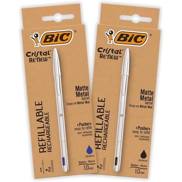 Kulspetspenna - BIC - Cristal Re'New - Påfyllningsbar metall - Set med 2 - Diverse färger