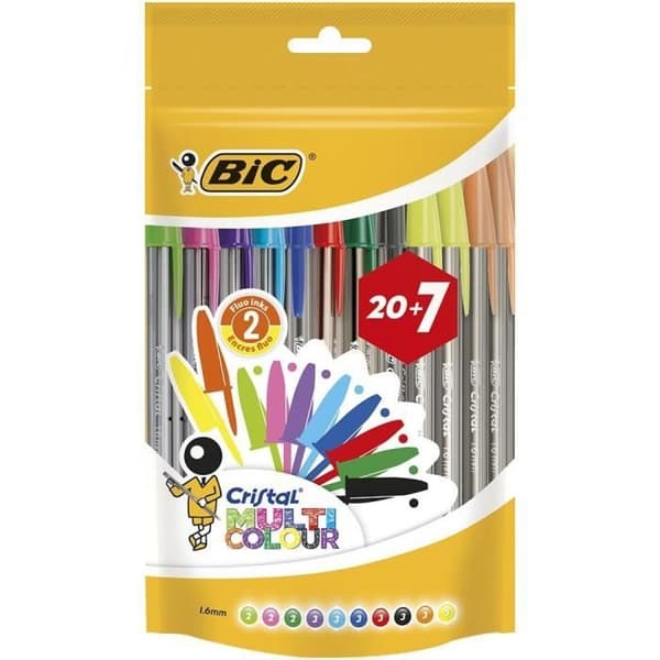 BIC Cristal 20+7 kulspetspenna, kulspetspenna, svart, blå, grön, orange, rosa, lila, röd, gul, flerfärgad, fet, metall, 1