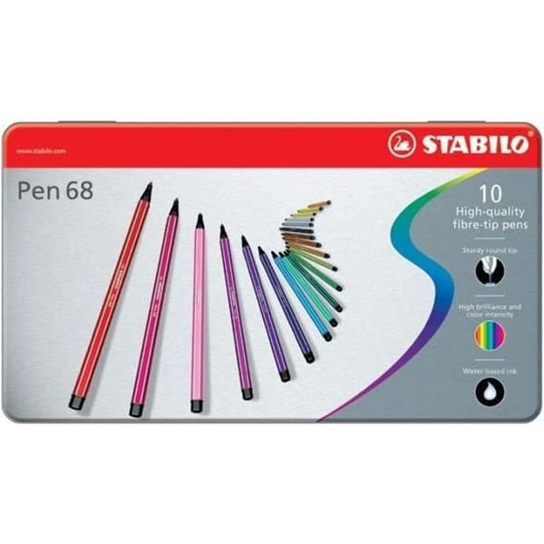 Färgpennor - STABILO - Pen 68 - Metallbox - 10 stycken - Medelspets låst