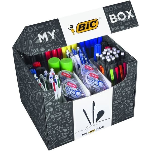Box - 124 produkter: 54 x kristallkulspetspennor, 14 x 4 färgkulspetspennor, 2