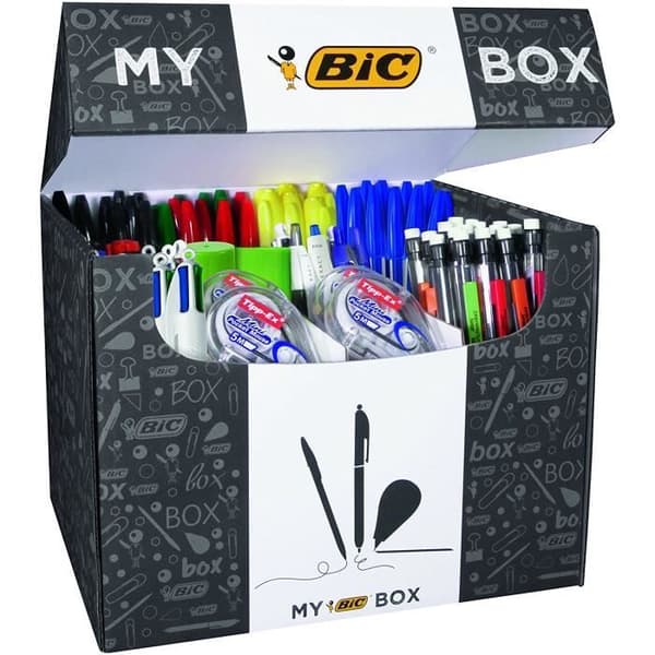Box - 124 produkter: 54 x kristallkulspetspennor, 14 x 4 färgkulspetspennor, 2