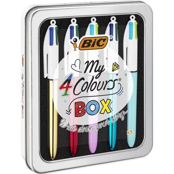 BIC My 4 Colors Box - indragbara kulspetspennor med medium spets (1,0 mm), kartong med 5