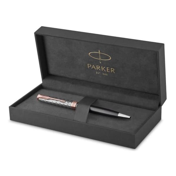 PARKER Sonnet Premium kulspetspenna, metall och grå lack, roséguldpläterad kant, svart refill, medium spets, presentförpackning