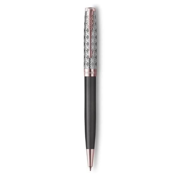 PARKER Sonnet Premium kulspetspenna, metall och grå lack, roséguldpläterad kant, svart refill, medium spets, presentförpackning