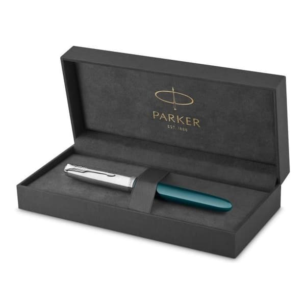 PARKER 51 Reservoarpenna, ankblå hartsfat + kapsyl i polerat rostfritt stål, palladiumkant, medelhög stålspets, presentförpackning