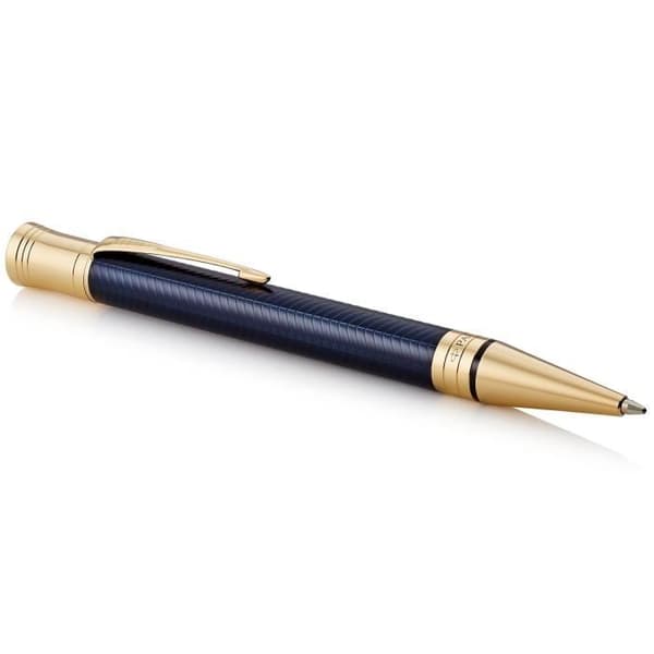 PARKER Duofold Prestige - kulspetspenna, blå Chevron, guldkant, svart medium spetspåfyllning, presentförpackning