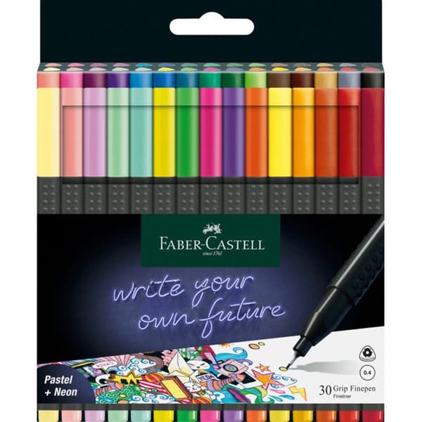Finspetspenna - FABER-CASTELL - GRIP FINEPEN - Etui med 30 - Spetstjocklek 0,4 mm - Tvättbar på tyg