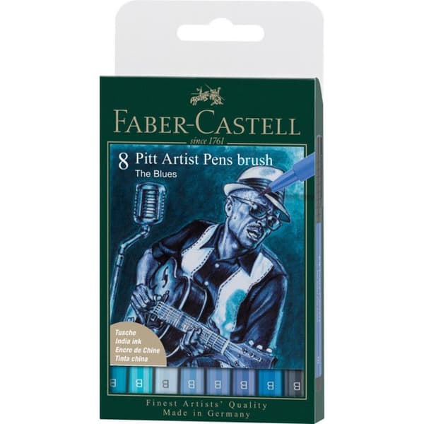 Markörer - Faber-Castell - Pitt Artist Pen - Blå toner - The Blues - Etui med 8 markörer