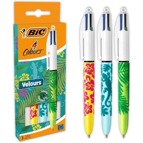 Stylos Bille 4 Färger Sammet - BIC - Medium - Förpackning med 3 - Djurmotiv - Precist Skrivande