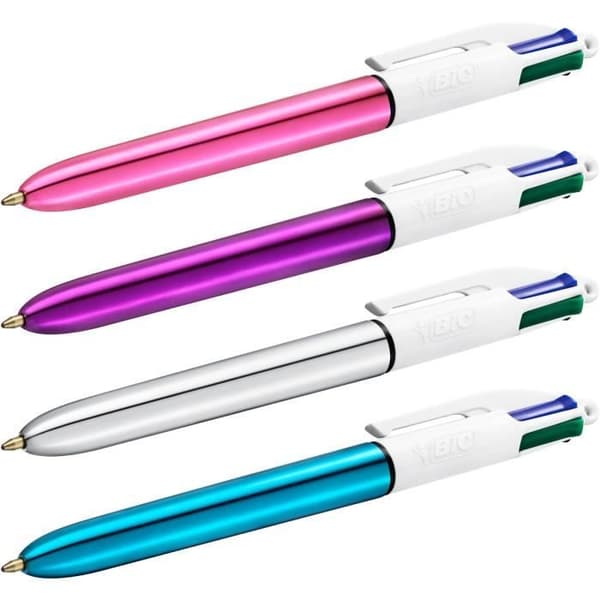 Kulspetspennor - BIC - 4 glansfärger - Medium spets 1,0 mm - Metallisk lila kropp - Kartong med 12