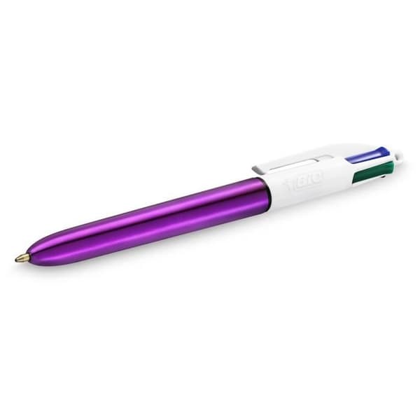 Kulspetspennor - BIC - 4 glansfärger - Medium spets 1,0 mm - Metallisk lila kropp - Kartong med 12