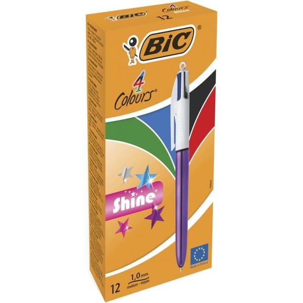 Kulspetspennor - BIC - 4 glansfärger - Medium spets 1,0 mm - Metallisk lila kropp - Kartong med 12