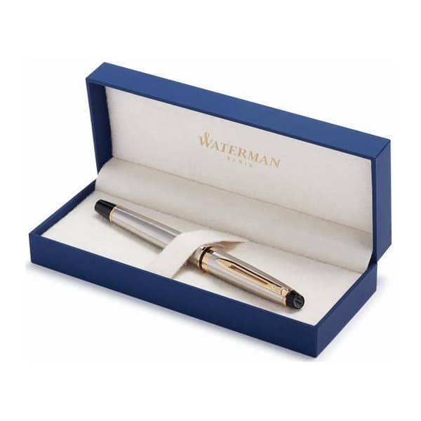 WATERMAN Expert Rollerball, rostfritt stål, guldkant, svart refill med fin spets, presentförpackning