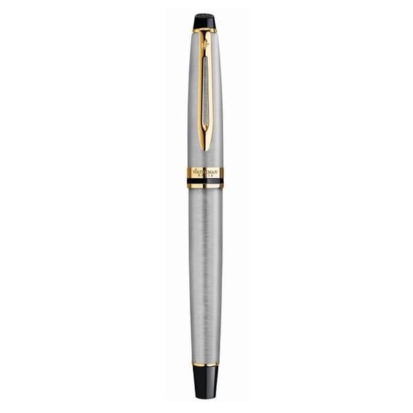WATERMAN Expert Rollerball, rostfritt stål, guldkant, svart refill med fin spets, presentförpackning