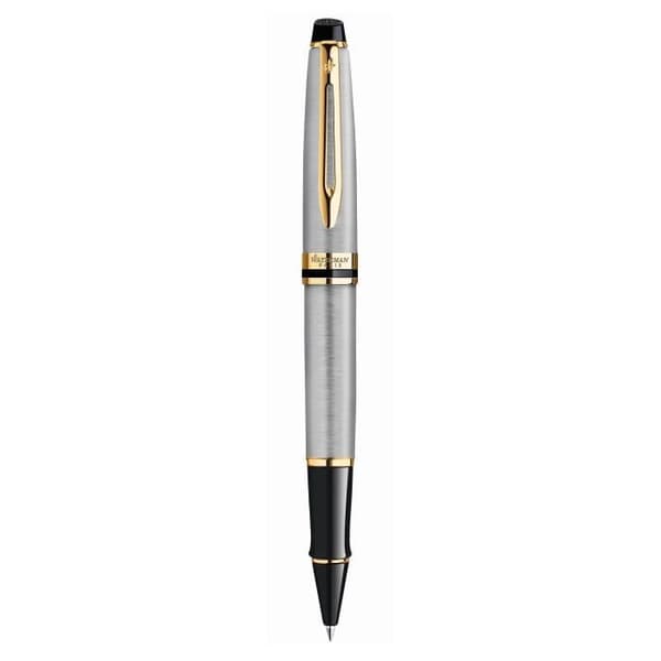 WATERMAN Expert Rollerball, rostfritt stål, guldkant, svart refill med fin spets, presentförpackning