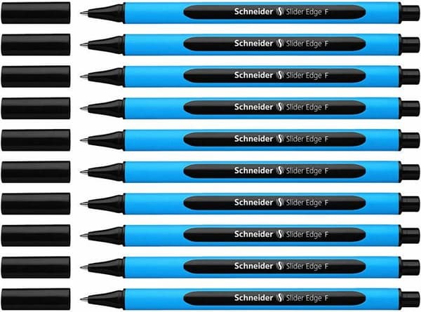Schneider-paket med 10 Slider Edge Kappenmodell kulspetspennor F (svart bläck och cyanblått fat)