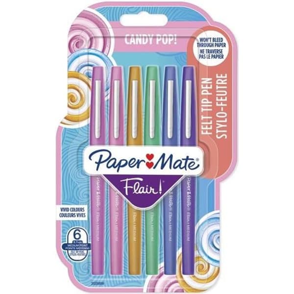 PAPPER MATE Uppsättning av 6 Flair Candy Pop filtpennor - Medium punkt - Sortiment av färger