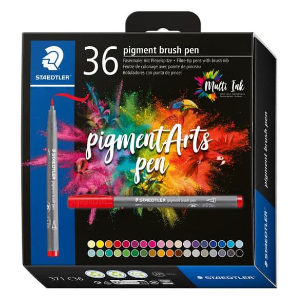 36 filtpennor - Borstspets - Staedtler - Pigment Arts Pen - Grundfärger