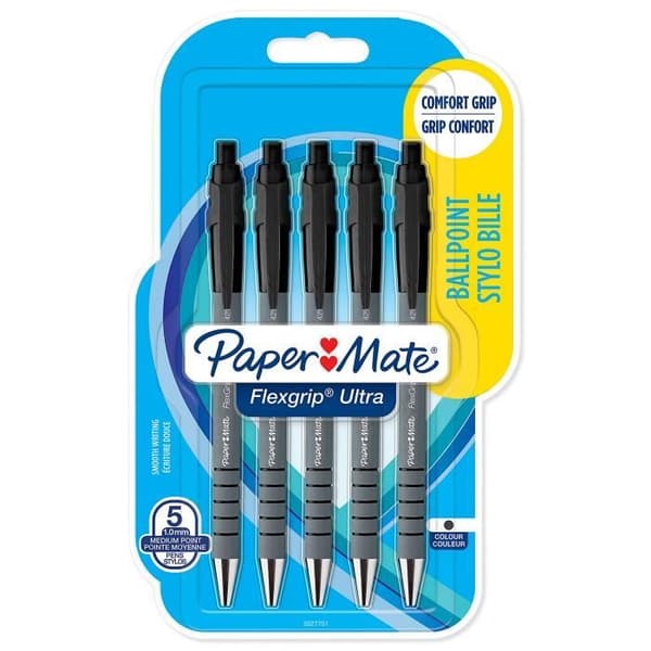 Paper Mate Flexgrip Ultra - 5 infällbara kulspetspennor - Svart - 1,0 mm spets - i blister