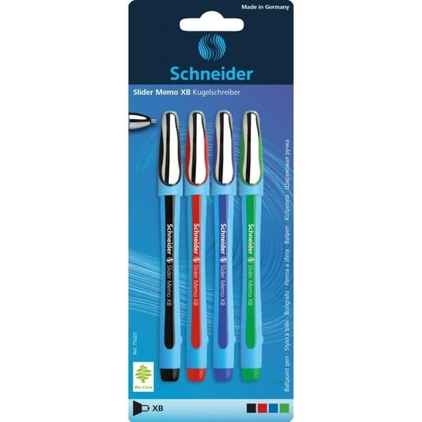 SCHNEIDER Slider Memo XB Kulspetspenna - Svart, Röd, Blå och Grön - Paket med 4