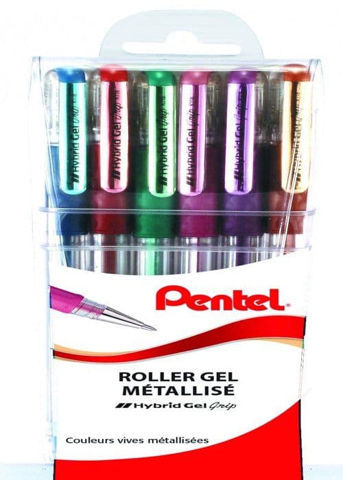 Pentel - K118M/6 - Hybrid Gel Grip Paket med 6 metalliska gelrullar 0,8 mm blandade färger