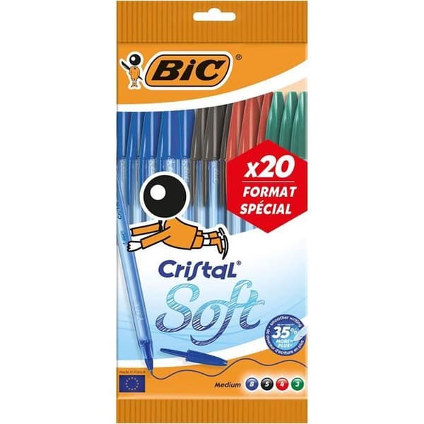 Kulspetspennor - BIC - Cristal Soft - Paket med 20 - 4 färger - Medium point - Ej påfyllningsbar