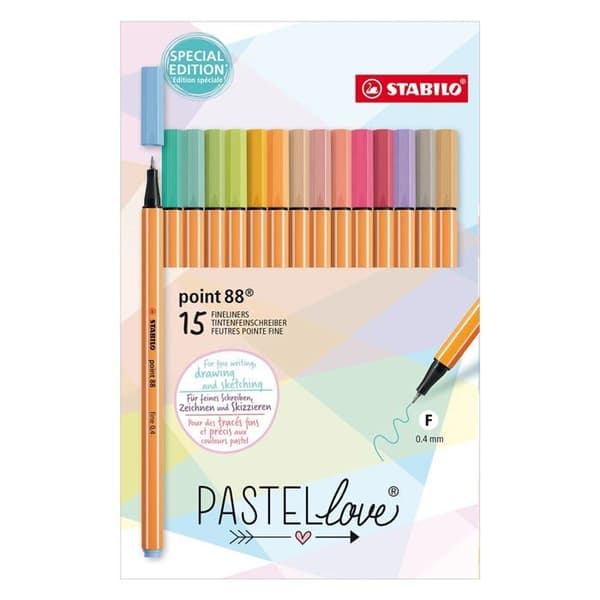 Stabilo tuschpennor - F59508 - Fint tuschpenna - spets 88 - Kartongfodral x 15 pastellfärgade tuschpennor - Pastellove Edition