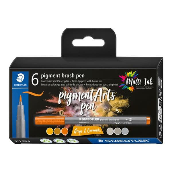 6 filtpennor - Borstspets - Staedtler - Pigment Arts Pen - Blandat grått och brunt