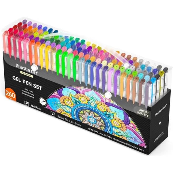 Stylo Gel - SHUTTLE ART - 260 Färgpennor - Ouppladdningsbara - Flytande Skrivning - 130 Färger