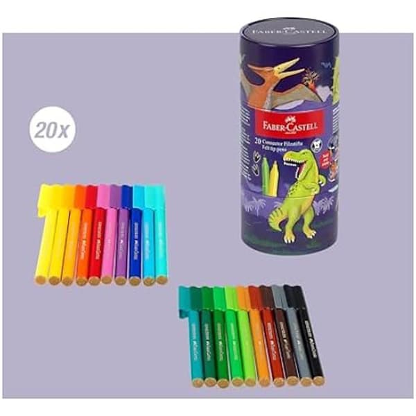 Set med tuschpennor - FABER-CASTELL - Connector Dino - 20 tuschpennor - Tvättbara - Metallask