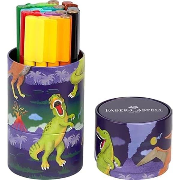 Set med tuschpennor - FABER-CASTELL - Connector Dino - 20 tuschpennor - Tvättbara - Metallask
