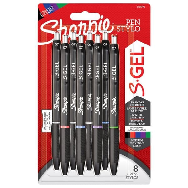 Sharpie - 2198778 - S-Gel - Gelpenna - Medium spets (0,7 mm) - färgassortiment - Paket med 8