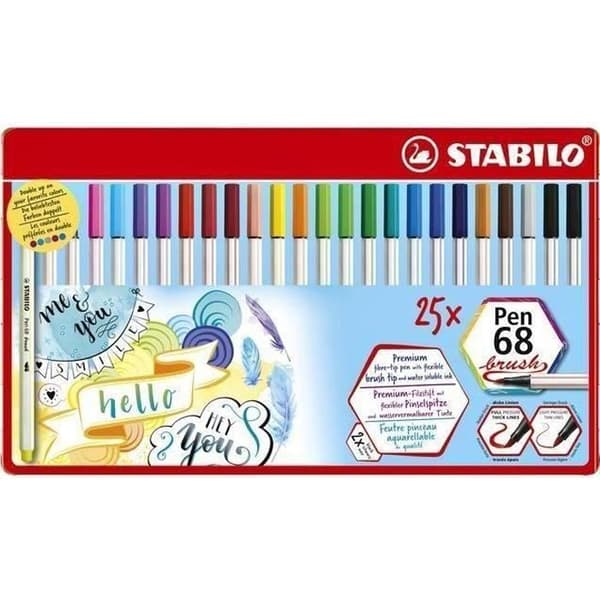 25 akvarellpennor STABILO Pen 68 Pensel - metallpåse med 25 pennor