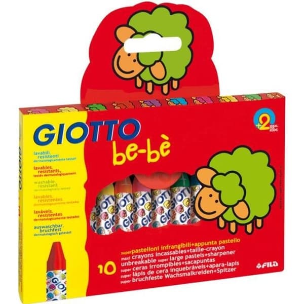 Giotto babyvaxkritan säljs i förpackningar om 10 från Legeantdelafete. En pennvässare medföljer. Från 2 år, tvättbar,