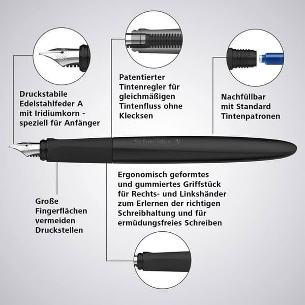Schneider - 162111 - Vågig Stylo plume (för höger- och vänsterhänta, med utbytbar spets), svart